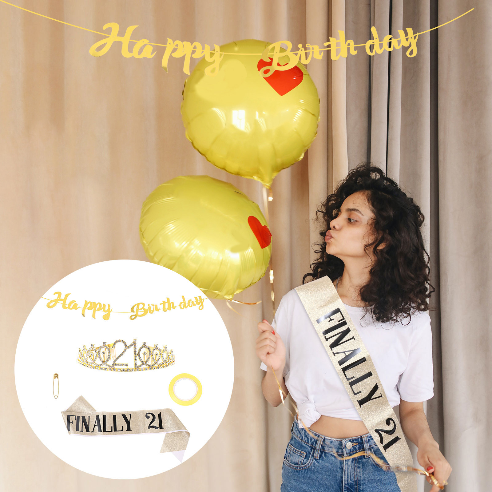 Birthday Sash Glitter - 1 Set Glitzer-Geburtstagskrone, Goldglitzer-Partybanner, Elegante Strass-Schärpe,