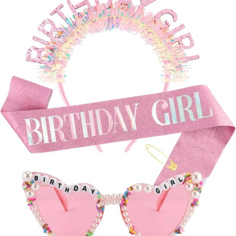 Birthday Sash Glitter - Geburtstagsmädchen-Schleife, Glitzer-Stirnband, Tiara, Krone, Sonnenbrille, Rosa,